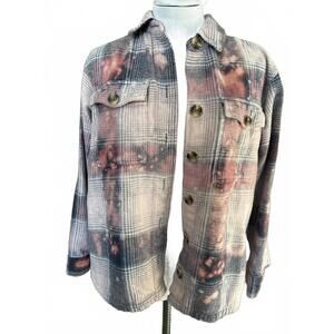 Upcycled Plaid Button-Up Bleached Flannel Shirt Jacket Size Small